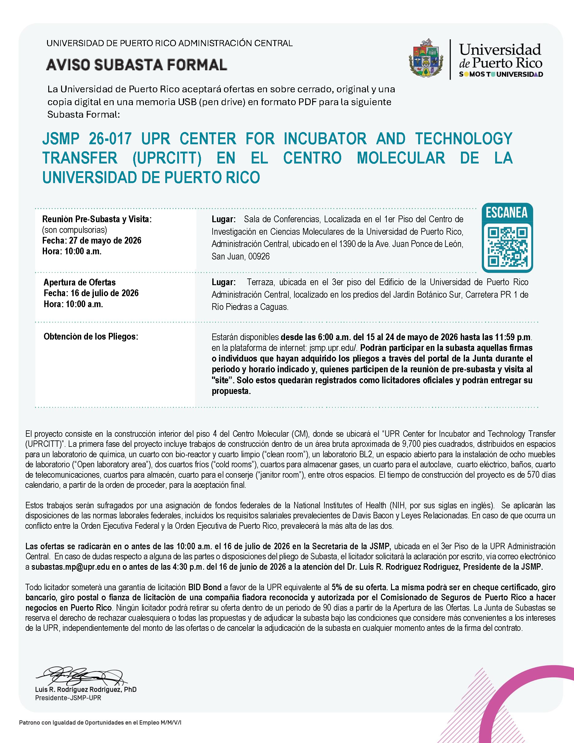 JSMP 26-017 UPR CENTER FOR INCUBATOR AND TECHNOLOGY TRANSFER (UPRCITT) EN EL CENTRO MOLECULAR DE LA UNIVERSIDAD DE PUERTO RICO - Imagen 2