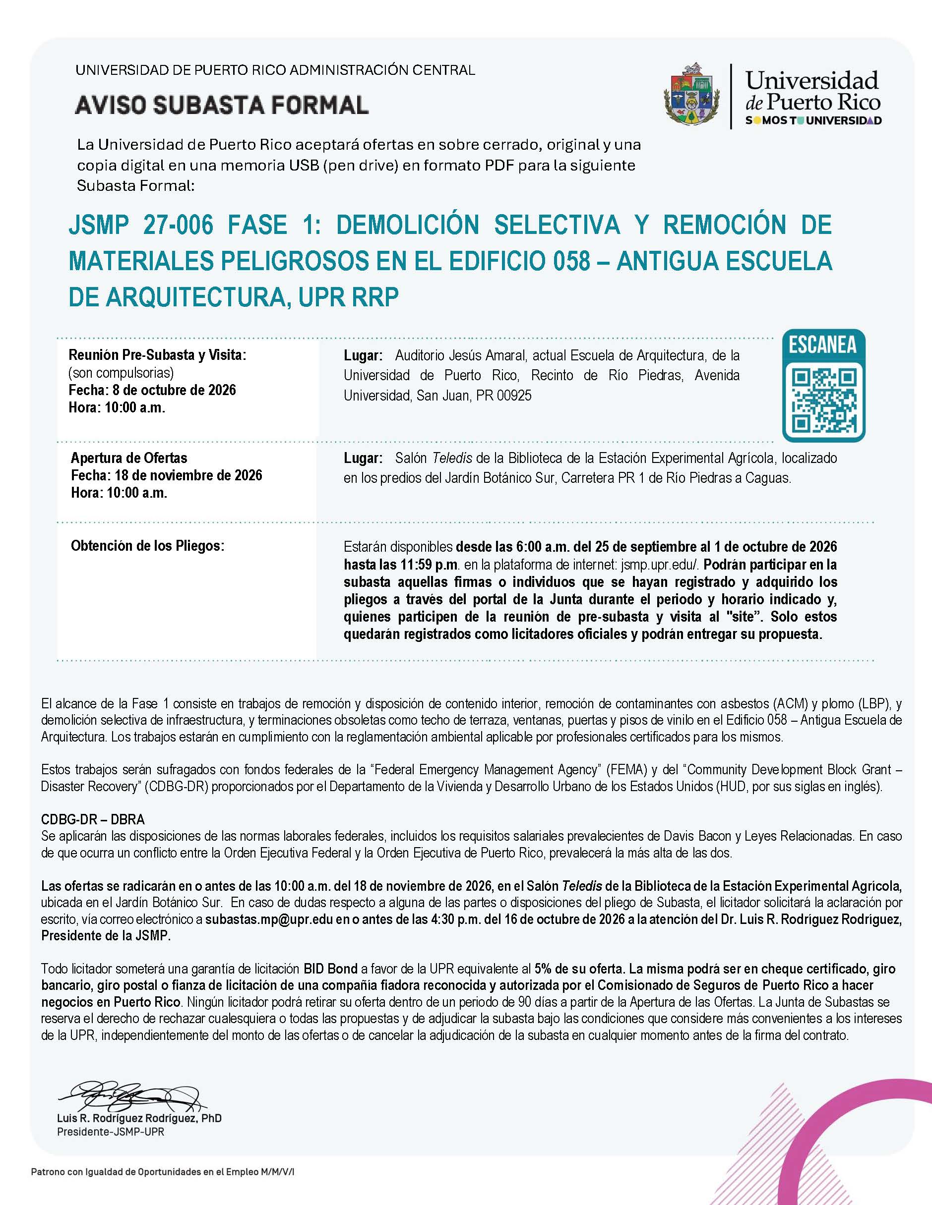 JSMP 27-006 Fase 1: Demolición Selectiva y Remoción de Materiales Peligrosos en el Edificio 058 - Antigua Escuela de Arquitectura, UPR RRP - Imagen 2